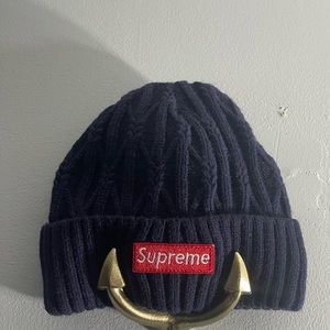Supreme navy Blue Beanie Winter Hat knit wool red logo